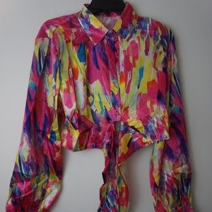 ChicMe Abstract Graphic Print Women's Knot Front Buttoned Top XLarge NWTags